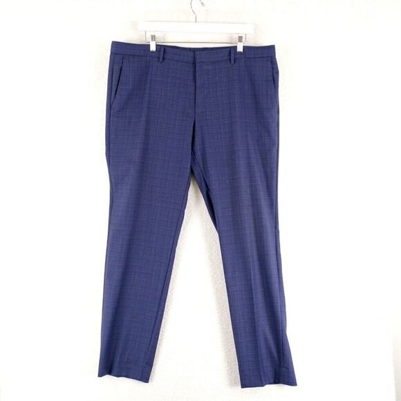 Hugo Boss Ben2 Slim Fit Wool Blue Brown Check‎ Flat Front Mid Rise Pants 40/32 - Picture 1 of 10